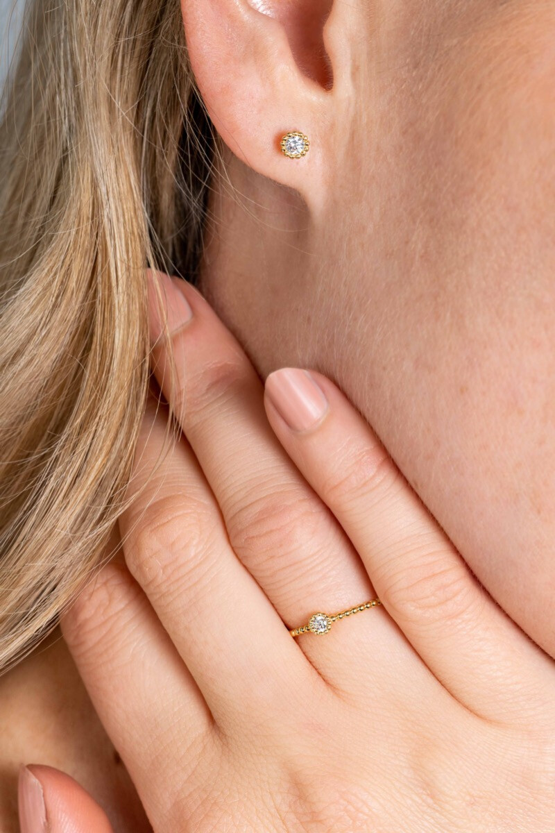 ZINZI Gold 14 krt gouden ring met bolletjes scheen en bezet met een ronde witte zirconia in bolletjes zetting van 3,5mm ZGR308C