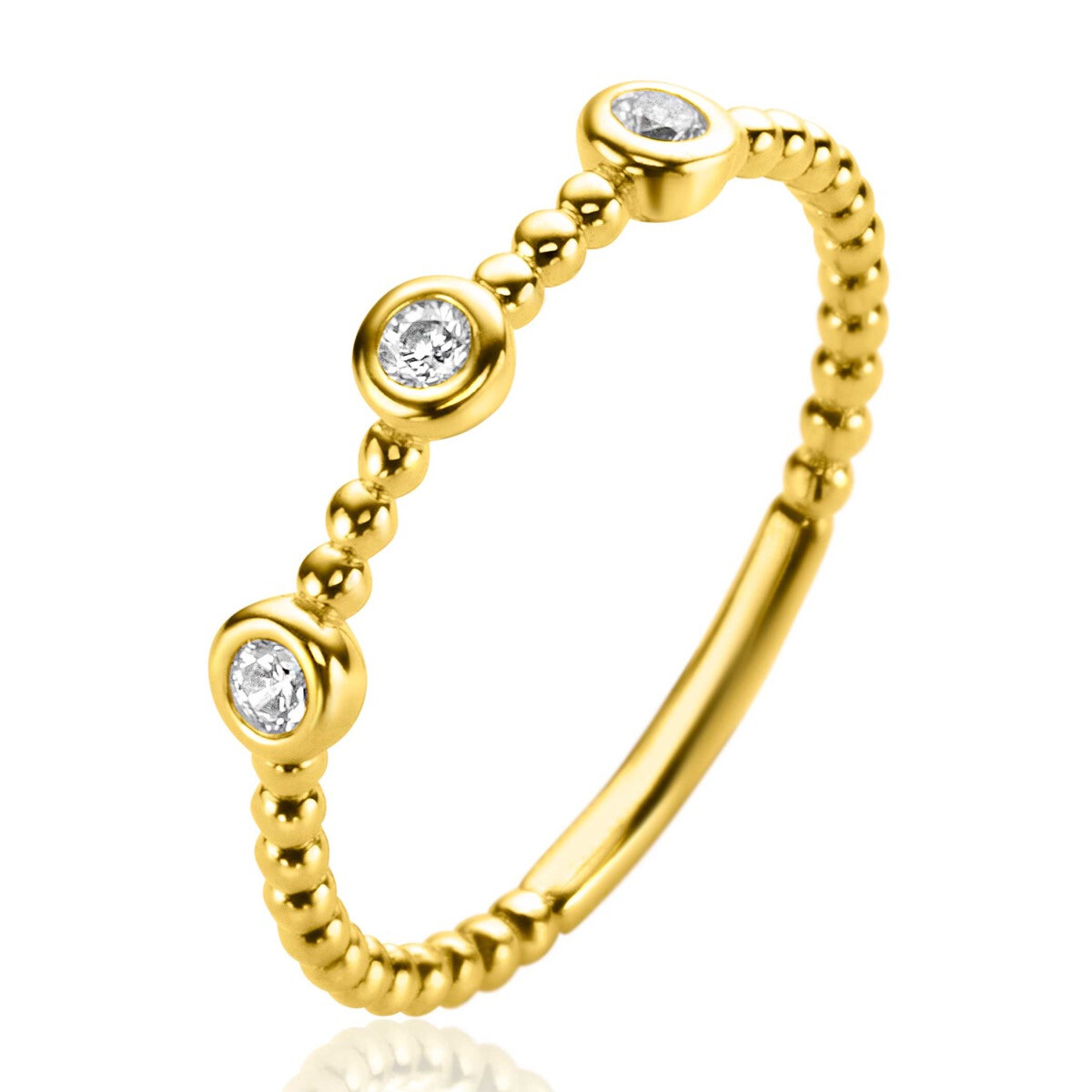 ZINZI Gold 14 krt gouden ring met bolletjes scheen en bezet met drie ronde witte zirconia's in bolletjes zetting van 3mm ZGR309C
