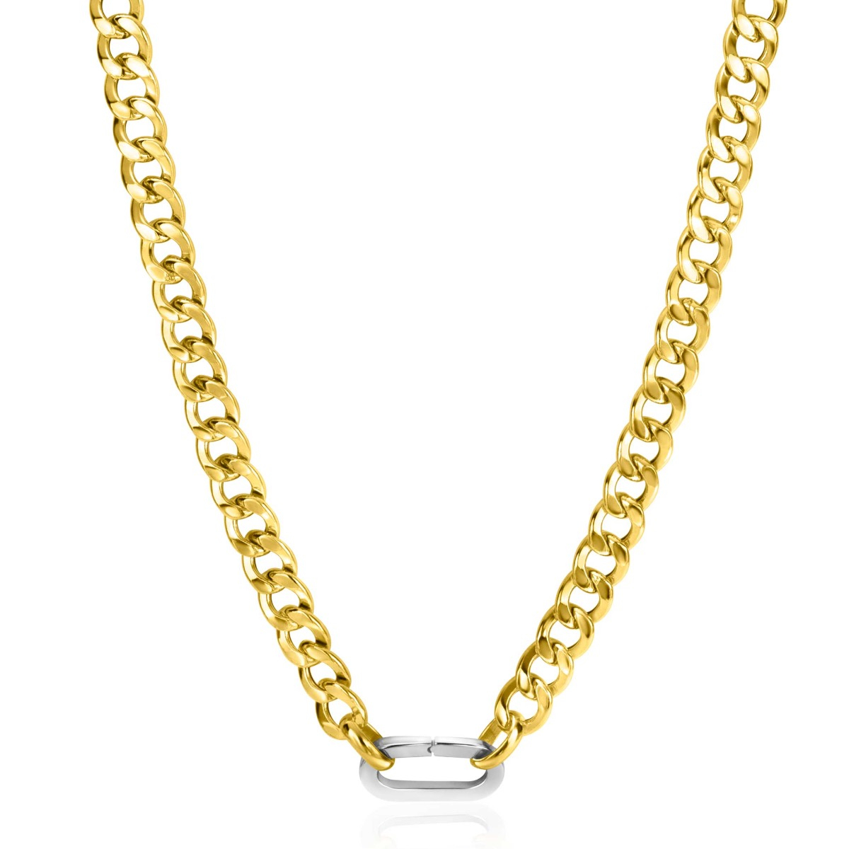 ZINZI gold plated zilveren brede gourmet ketting 42cm met zilveren ovale sluitring ZIC2378G