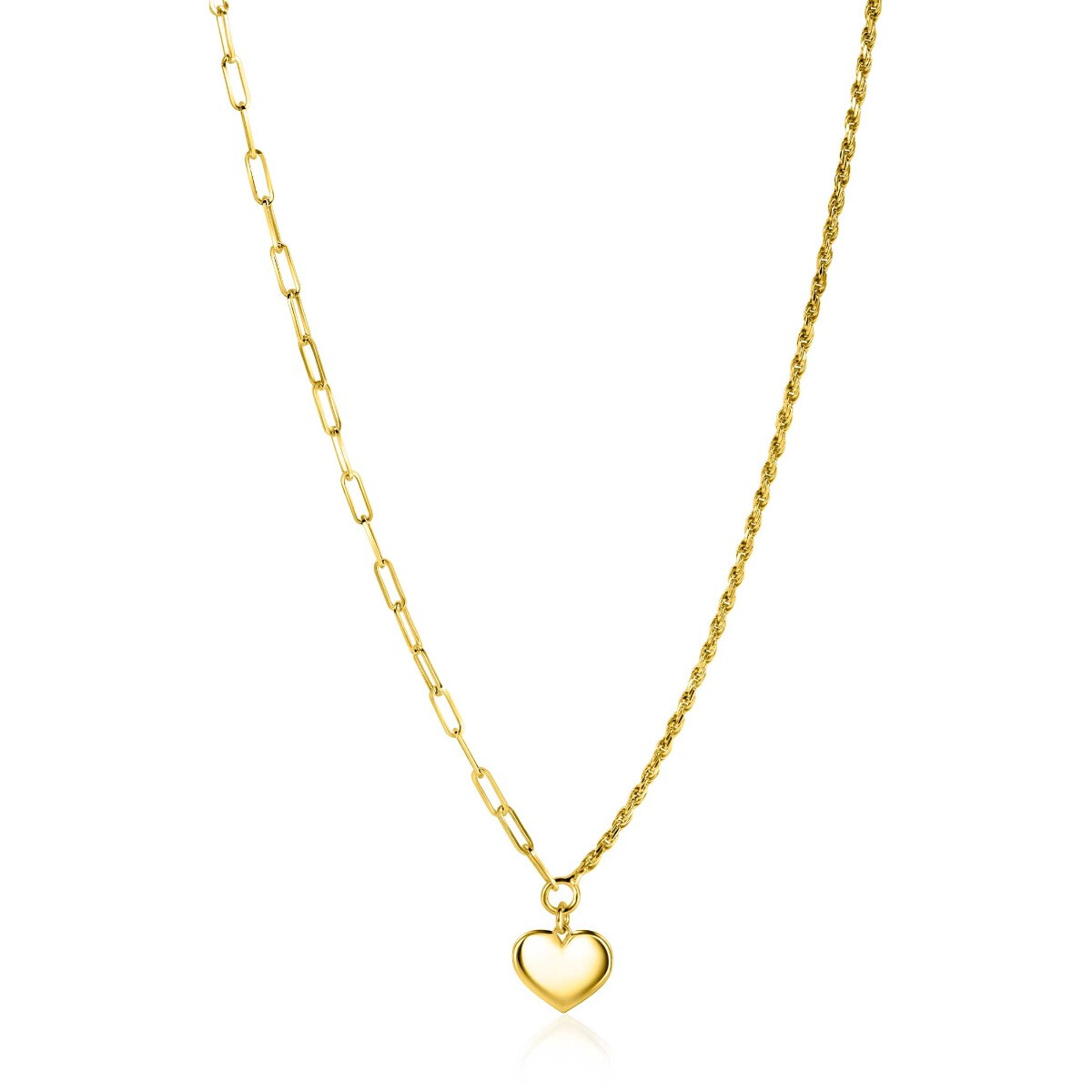 ZINZI gold plated zilveren schakel ketting met twee trendy schakels en glad hart 40-45cm ZIC2381G
