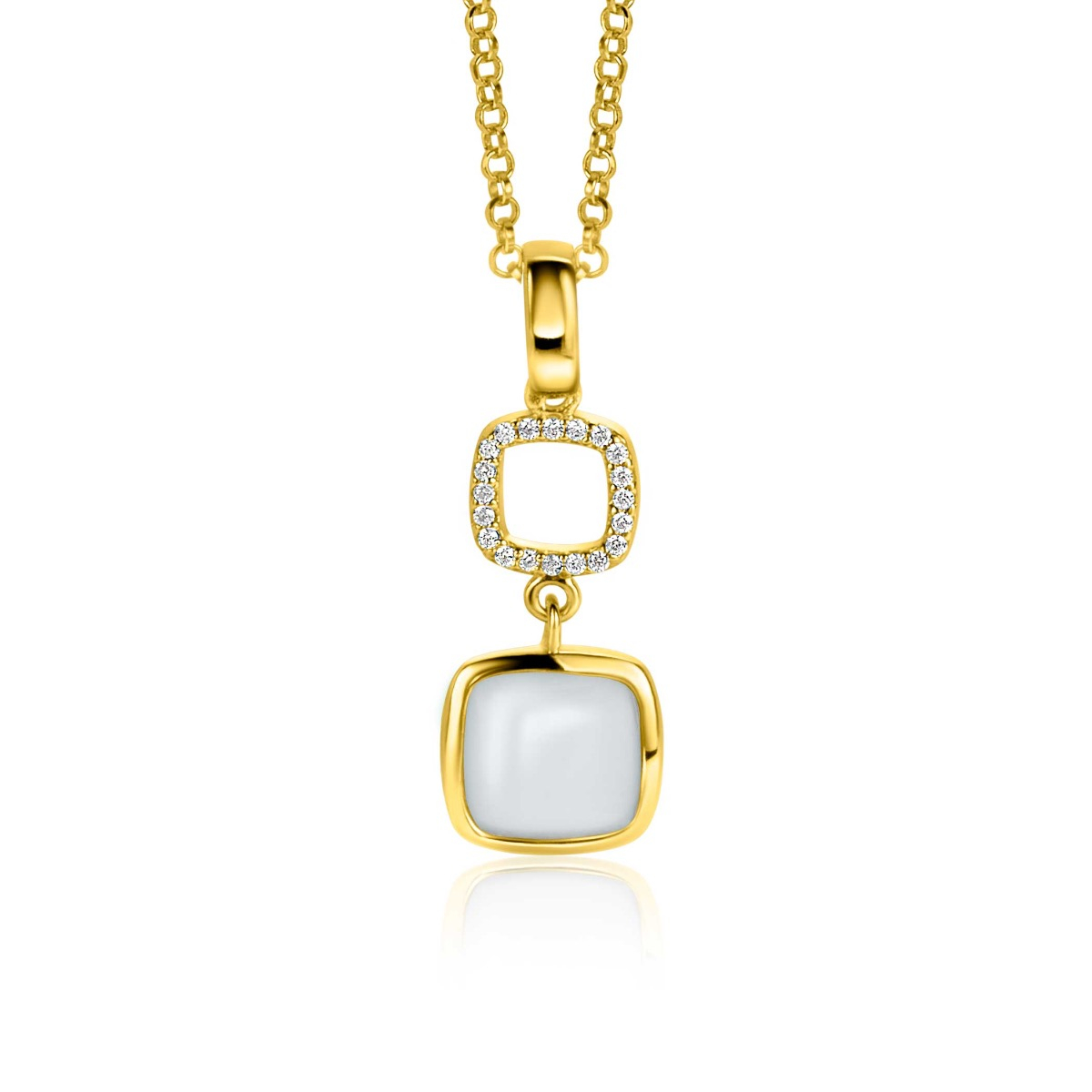 ZINZI gold plated zilveren tweezijdige hanger 30mm vierkant met witte onyx en mintgroene kleursteen ZIH2308 (zonder collier)