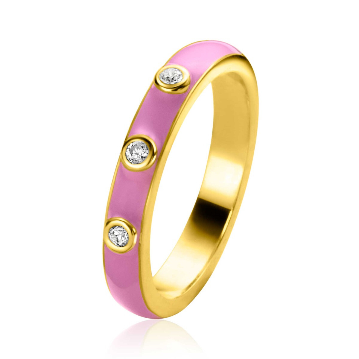 ZINZI gold plated zilveren aanschuifring trendy roze emaille en witte zirconia's 3mm ZIR2315RC