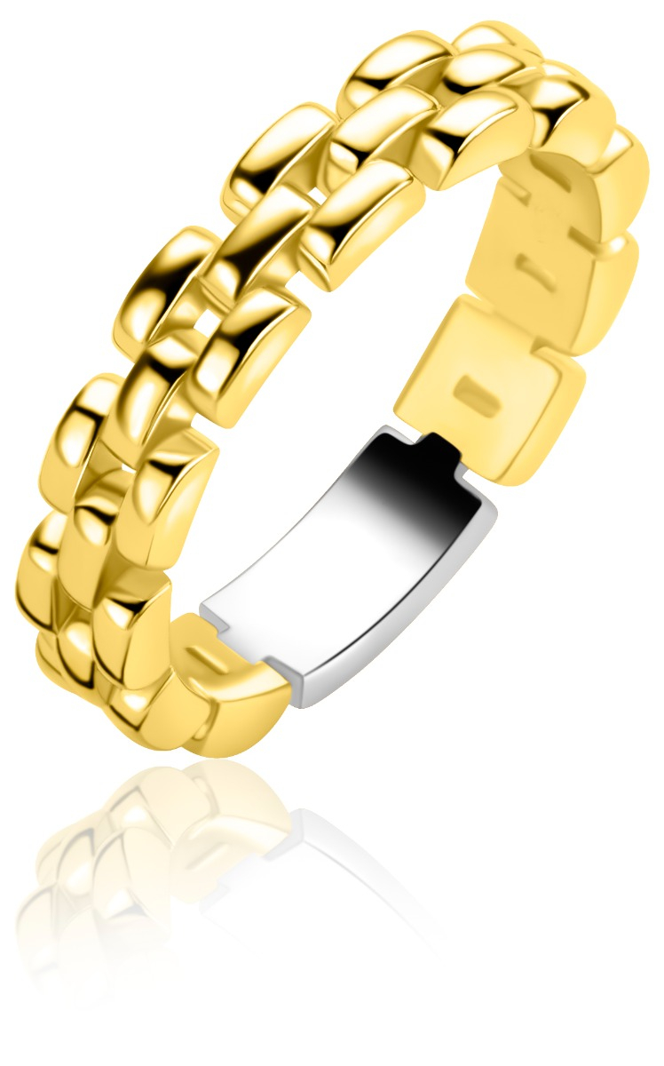 ZINZI goldplated zilveren ring met glanzende rolex-style schakels 4mm breed ZIR2556GC