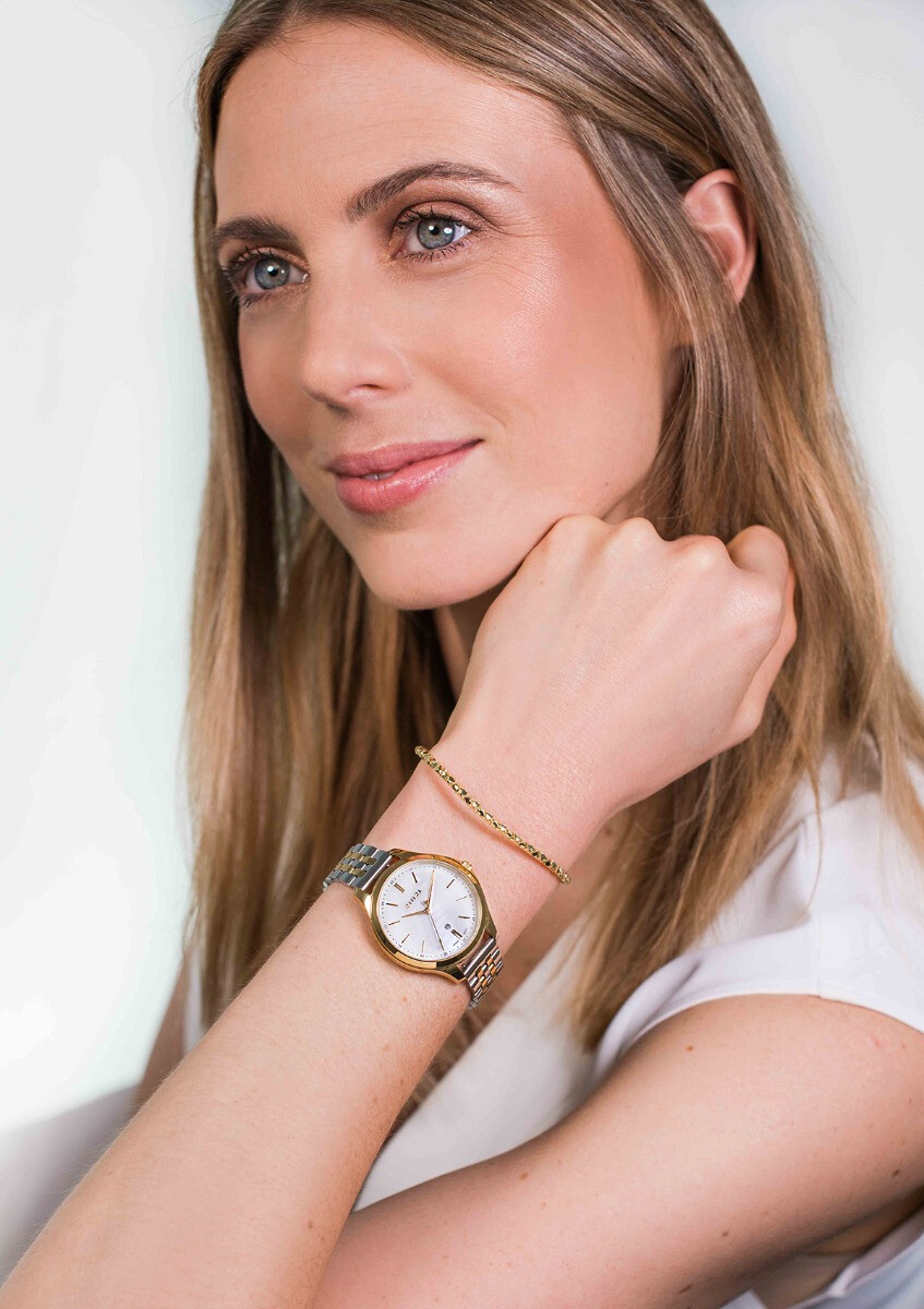 ZINZI Classy horloge 34mm wit parelmoer wijzerplaat goudkleurige stalen kast en bicolor band, datum ziw1034
