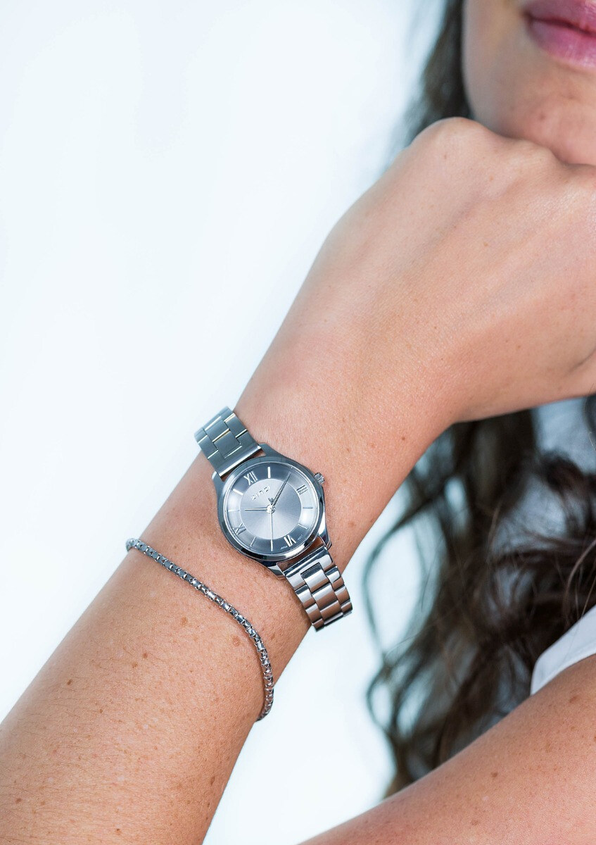 ZINZI Classy Mini horloge 30mm grijze wijzerplaat stalen kast en band ziw1224
