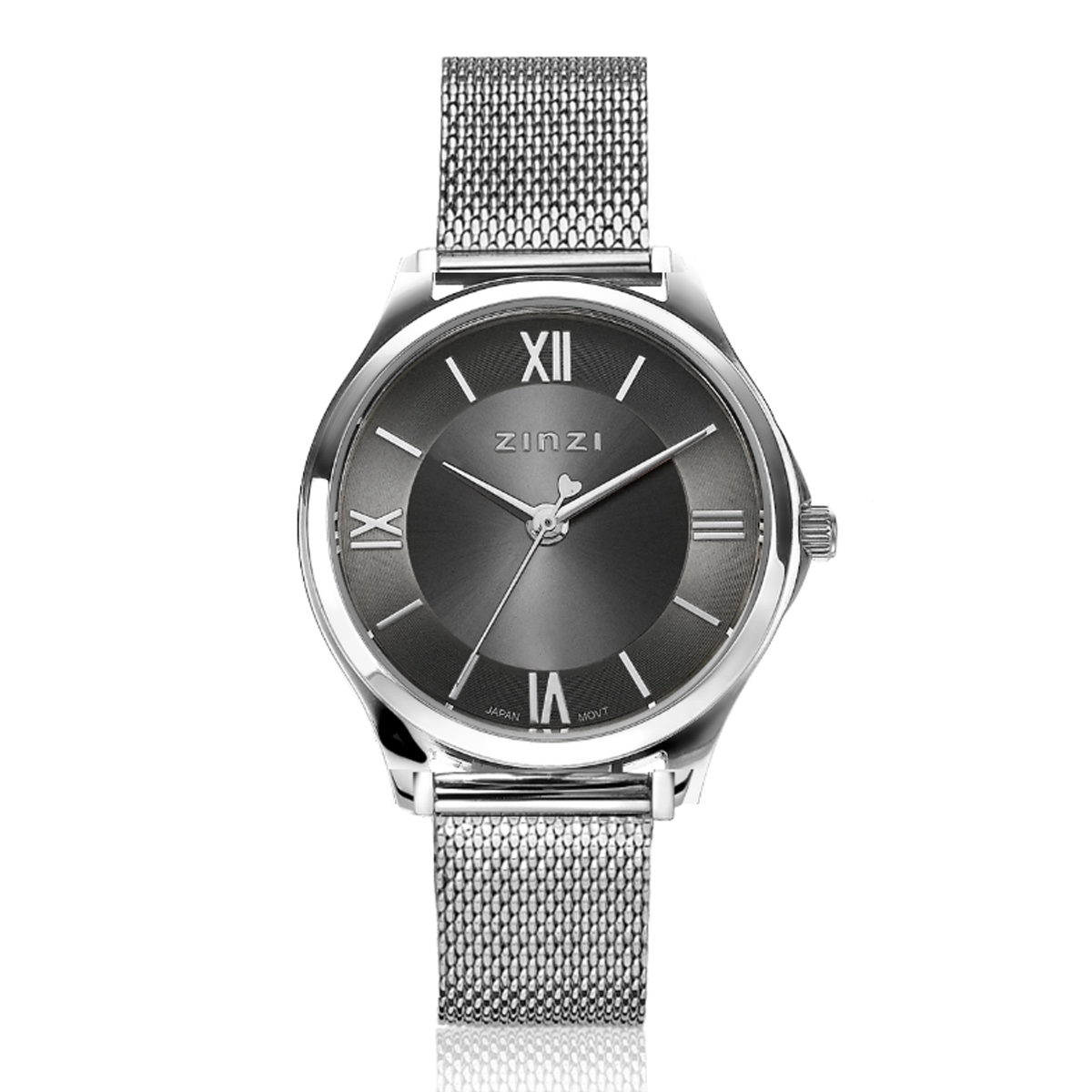 ZINZI Classy Mini horloge 30mm grijze wijzerplaat stalen kast en meshband ZIW1224M
