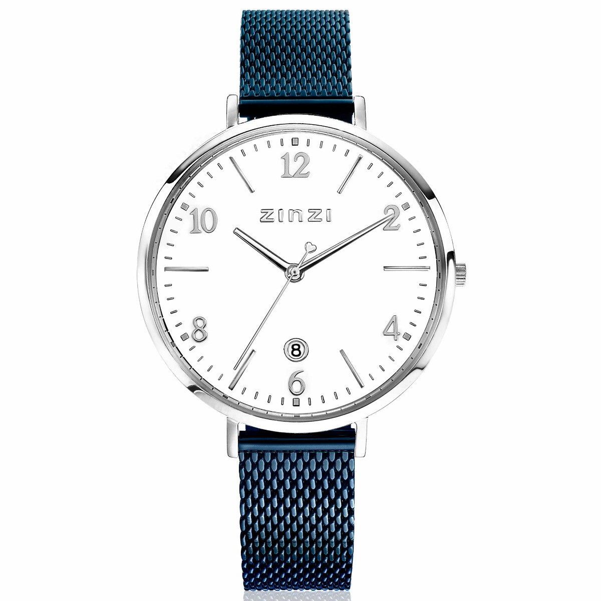 ZINZI horloge SOPHIE witte wijzerplaat met datum, stalen kast 38mm, stalen blauwe mesh band 14mm ZIW1406BM

