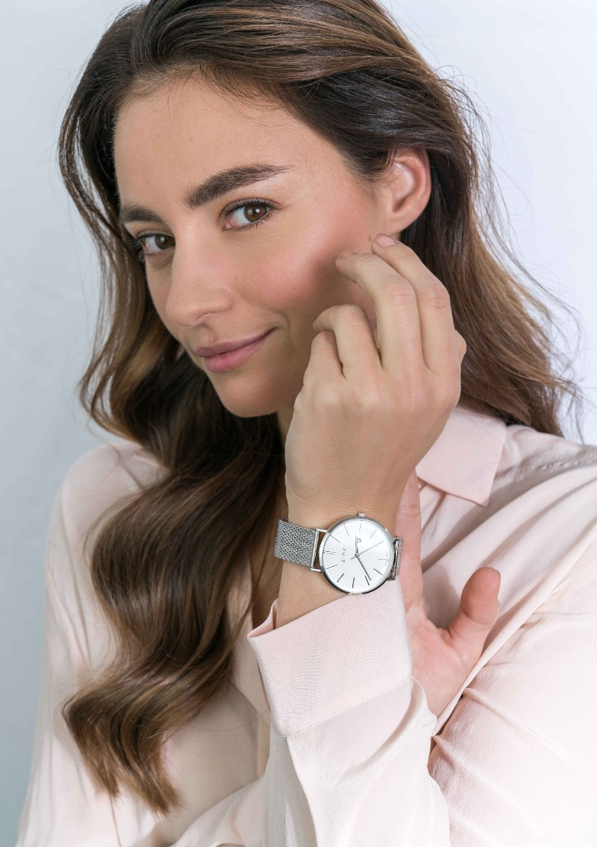 Zinzi Retro horloge witte wijzerplaat stalen kast zilvergekleurd stalen mesh band zilvergekleurd 38mm extra dun ZIW406M

