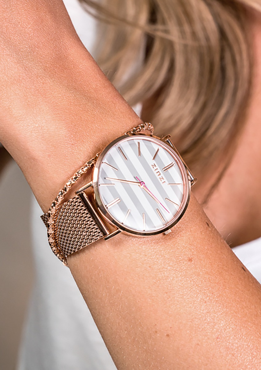 ZINZI Retro horloge grijs-wit gestreepte wijzerplaat roségoudkleurige kast stalen mesh band roségoudkleurig 38mm extra dun ZIW420M