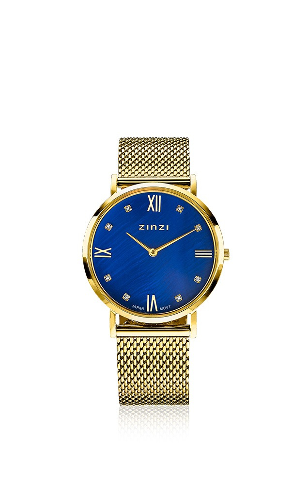 ZINZI Roman horloge donkerblauwe parelmoer wijzerplaat, geelgoudkleurige stalen kast, witte zirconia's bij uuraanduiding, geelgoudkleurige stalen mesh band 34mm extra dun ZIW547M
