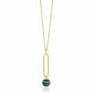 ZINZI gold plated zilveren ketting met lange ovale hanger en bungelende groene cateye in bolvorm 40-45cm ZIC2420