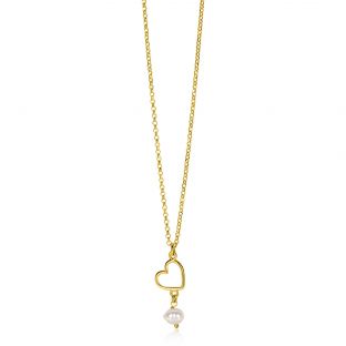 ZINZI gold plated zilveren ketting met open hartje en bungelend witte zoetwaterparel 40-45cm ZIC2642