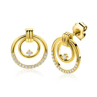 21mm ZINZI goldplated zilveren luxe oorstekers met elegante dubbele ronde ringen, speels bezet met witte zirkonia's ZIO2819