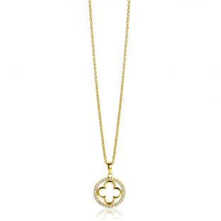 ZINZI gold plated zilveren anker ketting met luxe klaver hanger (15mm) rondom bezet met witte zirconia's 45-48cm ZIC2617Y