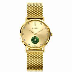 ZINZI Glam horloge groene wijzerplaat stalen kast geelgoudkleurig stalen mesh band geelgoudkleurig 34mm extra dun ZIW535M