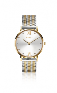 ZINZI Lady Crystal horloge zilvergekleurde wijzerplaat, geelgoudkleurige kast en bicolor stalen mesh band, witte crystals bij uuraanduiding, 28mm extra dun ZIW633MB