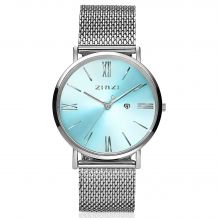 ZINZI Roman horloge Ice blue gekleurde wijzerplaat, stalen kast stalen mesh band 34mm extra dun ZIW545M