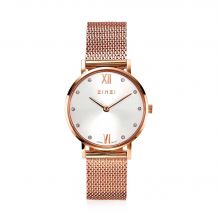 ZINZI Lady Crystal horloge zilvergekleurde wijzerplaat en roségoudkleurige kast stalen mesh band, witte crystals bij uuraanduiding, 28mm extra dun ZIW631M