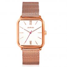 ZINZI Square Roman horloge witte wijzerplaat en rechthoekige roségoudkleurige kast stalen mesh band 32mm extra dun ZIW808M