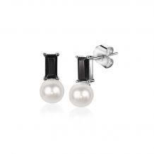 ZINZI zilveren witte parel oorknoppen met zwarte baquette geslepen zirconia ZIO2135Z