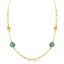 ZINZI gold plated zilveren fantasie ketting met paperclip schakels en vier ronde zettingen bezet met smaragd groene en citrien donkergele kleurstenen 40-45cm ZIC2418G