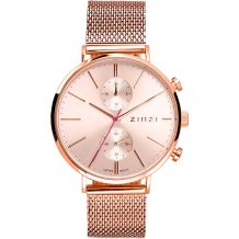 ZINZI Traveller horloge roségoudkleurige wijzerplaat en kast stalen mesh band roségoudkleurig 39mm dual time ZIW705M