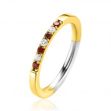 ZINZI gold plated zilveren aanschuifring 2mm breed in chatonzettingen bezet met rood granaat kleurstenen en witte zirconia's ZIR2558