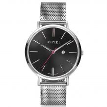 Zinzi Retro horloge zwarte wijzerplaat zilvergekleurde kast stalen mesh band 38mm extra dun ZIW401M
