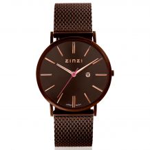 ZINZI Retro horloge bruin gekleurde wijzerplaat met rosé wijzers en bruine stalen mesh band 38mm extra dun ZIW415M