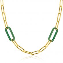 ZINZI gold plated zilveren luxe ketting 43cm met paperclip-schakels en twee grote trendy ovale schakels in malachietgroen ZIC2488