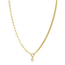 ZINZI gold plated zilveren ketting met twee trendy schakels gecombineerd: gourmet en paperclip schakels. Met in het midden een bungelende witte zirconia 40-45cm ZIC2480