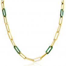 ZINZI gold plated zilveren ketting met paperclip-schakels en trendy schakels in malachietgroen 43cm ZIC2548