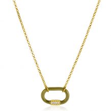 ZINZI gold plated zilveren schakelketting 45cm ovale hanger olijfgroen emaille en witte zirconia's ZIC2374
