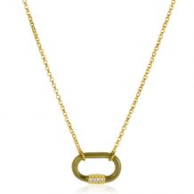 ZINZI gold plated zilveren schakelketting 45cm ovale hanger olijfgroen emaille en witte zirconia's ZIC2374