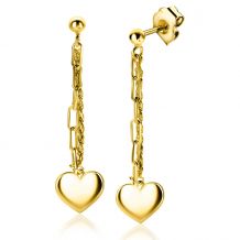 ZINZI gold plated zilveren oorstekers 52mm lang met twee trendy schakels en glad hart ZIO2381G
