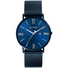 ZINZI Roman horloge blauwgekleurde wijzerplaat en kast met zilverkleurige wijzers blauwe stalen mesh band 34mm extra dun ZIW551M