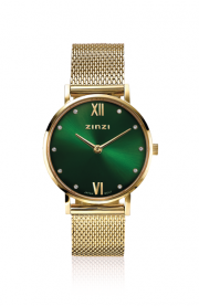 ZINZI Lady Crystal horloge groene wijzerplaat, geelgoudkleurige kast en stalen mesh band, witte crystals bij uuraanduiding, 28mm extra dun ZIW635M