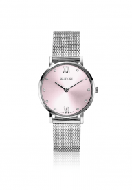 ZINZI Lady Crystal horloge roze wijzerplaat en kast stalen mesh band, witte crystals bij uuraanduiding, 28mm extra dun ZIW641M
