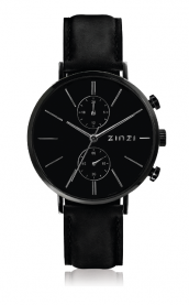 ZINZI Man watch Traveller black zwarte wijzerplaat matzwarte stalen kast zwarte leren band 39mm dual time ZIW750