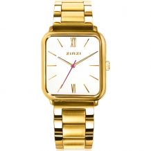 ZINZI Square Roman horloge witte wijzerplaat en rechthoekige geelgoudkleurige kast stalen schakelband 32mm extra dun ZIW807S