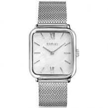 ZINZI Square Roman horloge witte parelmoer wijzerplaat en rechthoekige kast stalen mesh band 32mm extra dun ZIW821M
