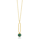 ZINZI gold plated zilveren ketting met lange ovale hanger en bungelende groene cateye in bolvorm 40-45cm ZIC2420