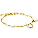 ZINZI gold plated zilveren fantasie armband met 15 kleine bolletjes, twee bungelende witte pareltjes en met speelse organische open vorm in het midden 17-20cm ZIA2405
