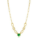 ZINZI gold plated zilveren ketting met trendy ovale en marine schakels, in het midden groot hartje bezet met groene kleursteen 39-43cm ZIC-BF68