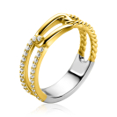 ZINZI gold plated zilveren luxe ring 5mm breed met drie paperclip schakels, glad bewerkt witte zirconia's ZIR2330YC