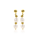 30mm ZINZI gold plated zilveren oorstekers met glanzende bolletjes en twee witte zoetwaterparels ZIO-BF121