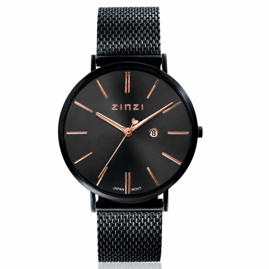 ZINZI Retro horloge zwarte wijzerplaat en zwarte stalen kast zwarte stalen mesh band 38mm extra dun ZIW409M