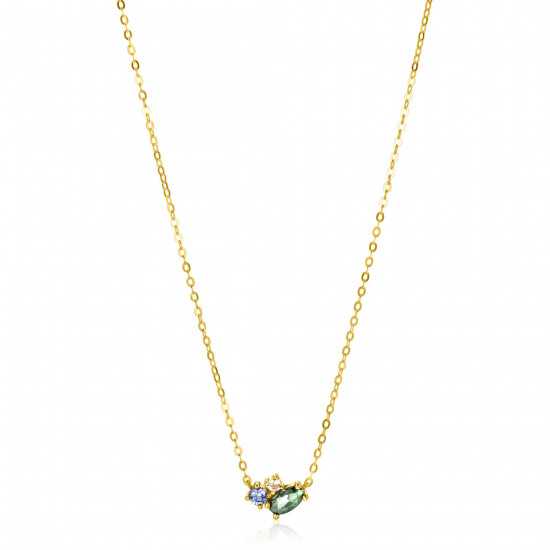 ZINZI Gold 14 krt gouden ketting 45cm, in het midden bezet met fijne groene, blauwe en champagne zirconia's ZGC379