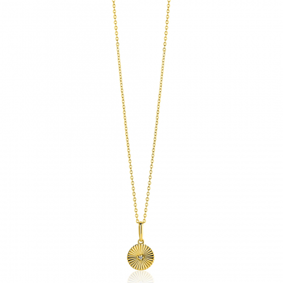 14mm ZINZI Gold 14 krt gouden hanger rond met zonnestralen en witte zirkonia ZGH542 (zonder collier)