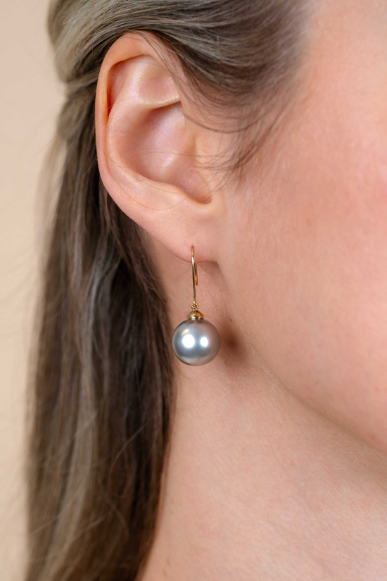 30mm ZINZI Gold 14 krt gouden oorhangers met ronde grijze Swarovski crystal parel 12mm ZGO25GR